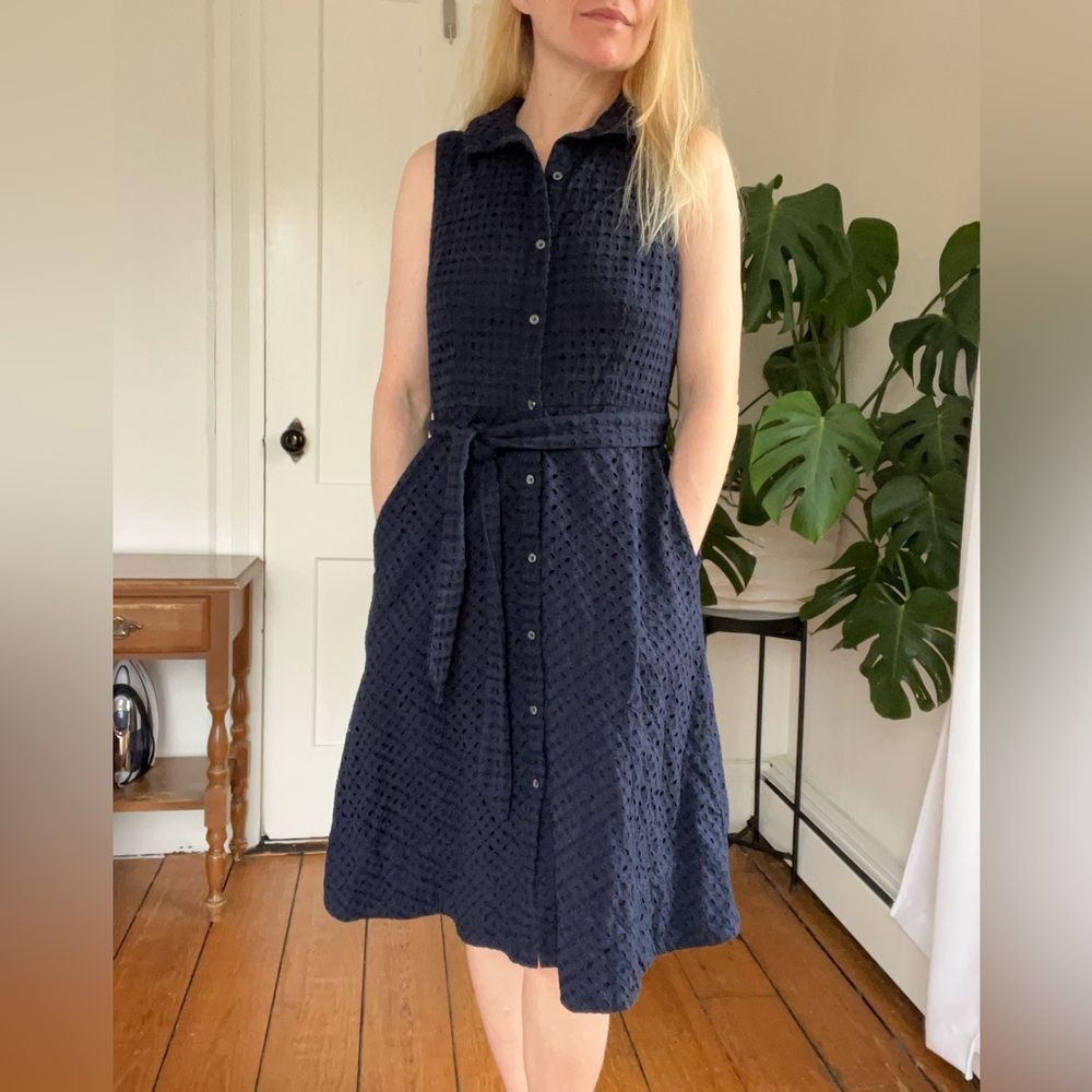 Boden Navy Cotton Eyelet British Shirt Dress Sleeveless Button Front Dress US 8